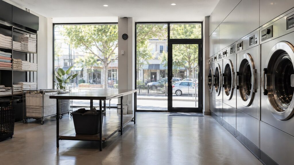 Sala de una lavandería autoservicio recién montada, con las lavadoras alineadas y la mesa de doblado vacía