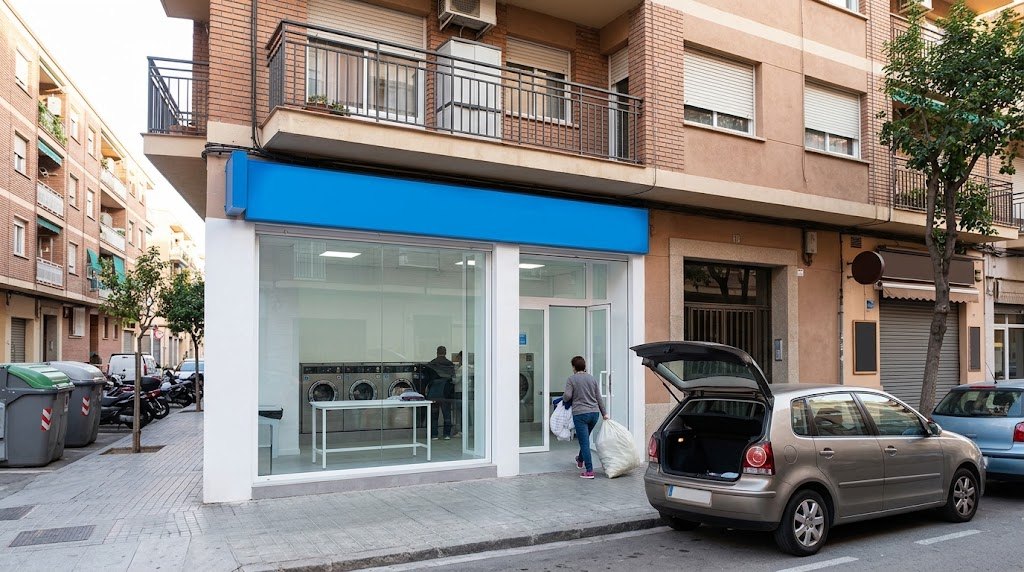 Fachada de una lavandería autoservicio en una calle de barrio, con escaparate amplio, rótulo visible y máquinas a la vista desde la acera