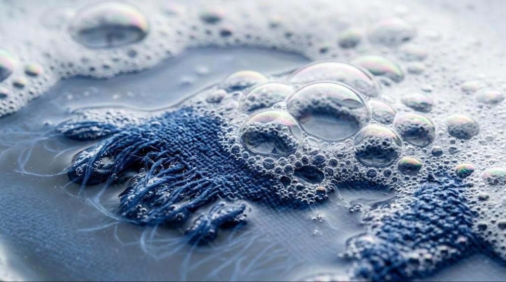 Espuma y burbujas de detergente sobre un tejido dentro del agua