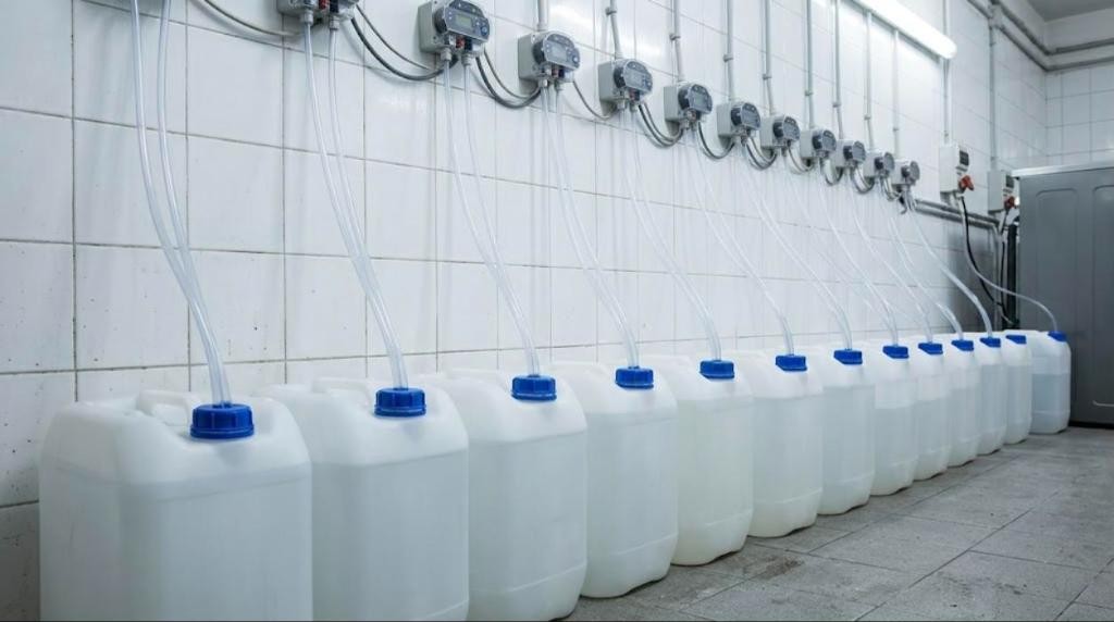 Hilera de bidones blancos conectados por tubos a bombas dosificadoras en la trastienda de una lavandería